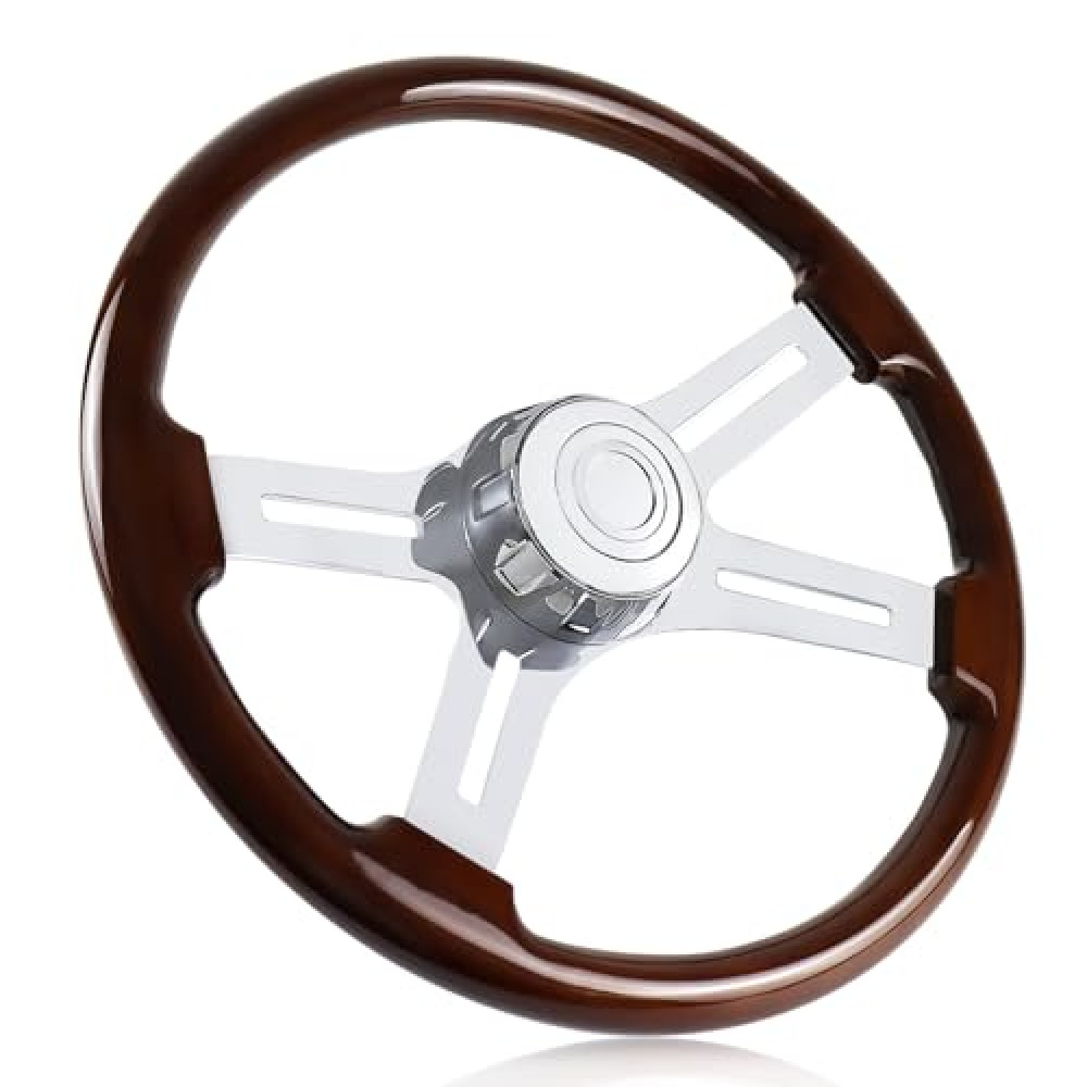 QYMOPAY 18in Wood Truck Steering Wheel, 4 Spoke Aluminum Chrome Plated Steering Wheel for Semi-Trailers, Trucks