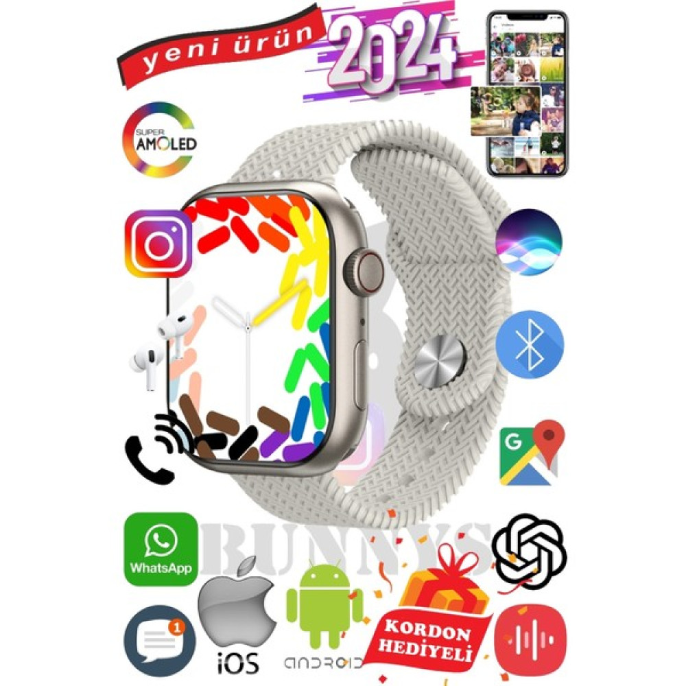 Rabbit Store Infinix Hot Uyumlu Akıllı Saat Watch 9 MAX+2024 45MM Kordon Hediyeli Amoled Ekran - 45 mm - Beyaz Oto Boyaları Fiyatı