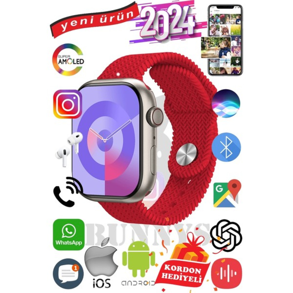 Rabbit Store Infinix Hot Uyumlu Akıllı Saat Watch 9 MAX+2024 45MM Kordon Hediyeli Amoled Ekran - 45 mm - Kırmızı Oto Boyaları Fiyatı