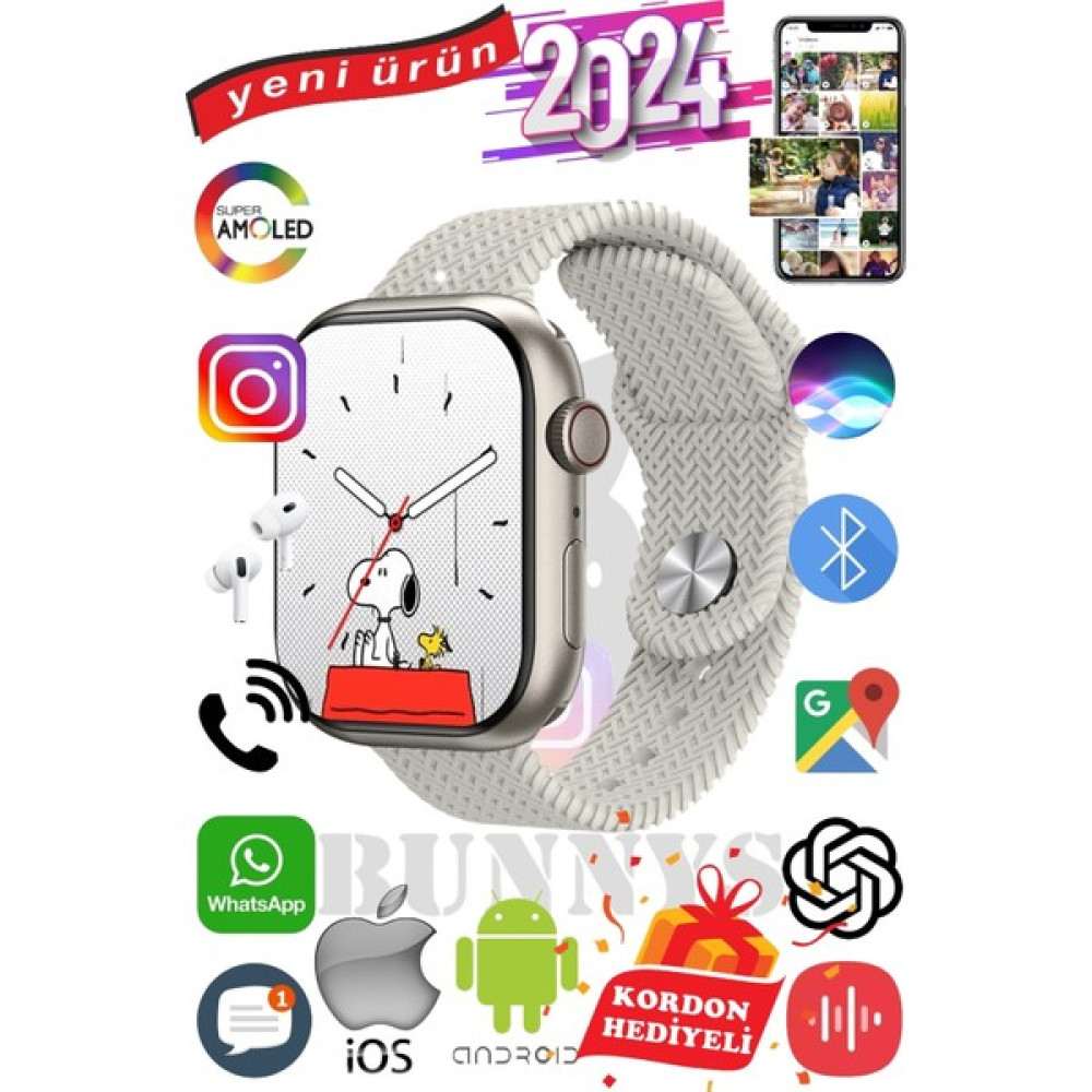 Rabbit Store Infinix Hot Uyumlu Akıllı Saat Watch 9 MAX+2024 45MM Kordon Hediyeli Amoled Ekran - 45 mm - Krem Oto Boyaları Fiyatı