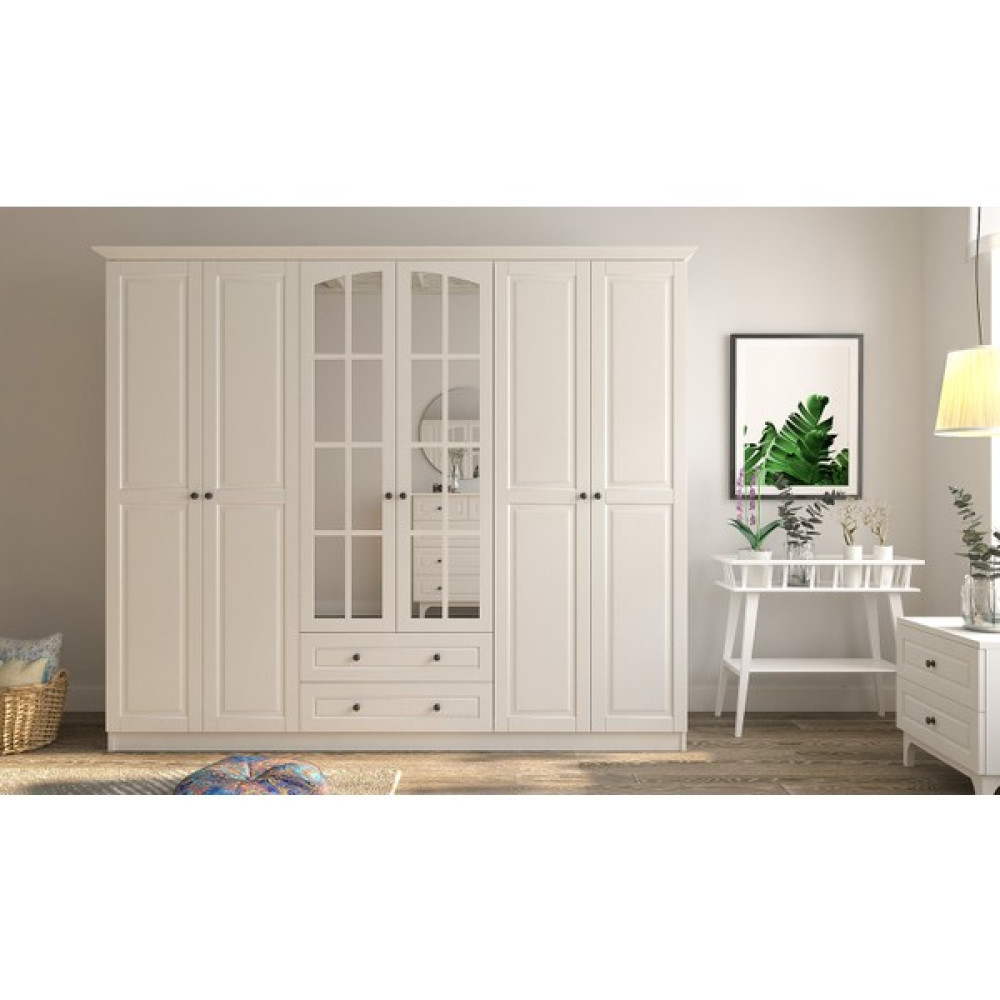 Rabi Mobilya Beyza Country 6 Kapak 2 Çekmeceli Gardırop - 184 x 210 cm - Beyaz Gardrop & Dolap Fiyatı