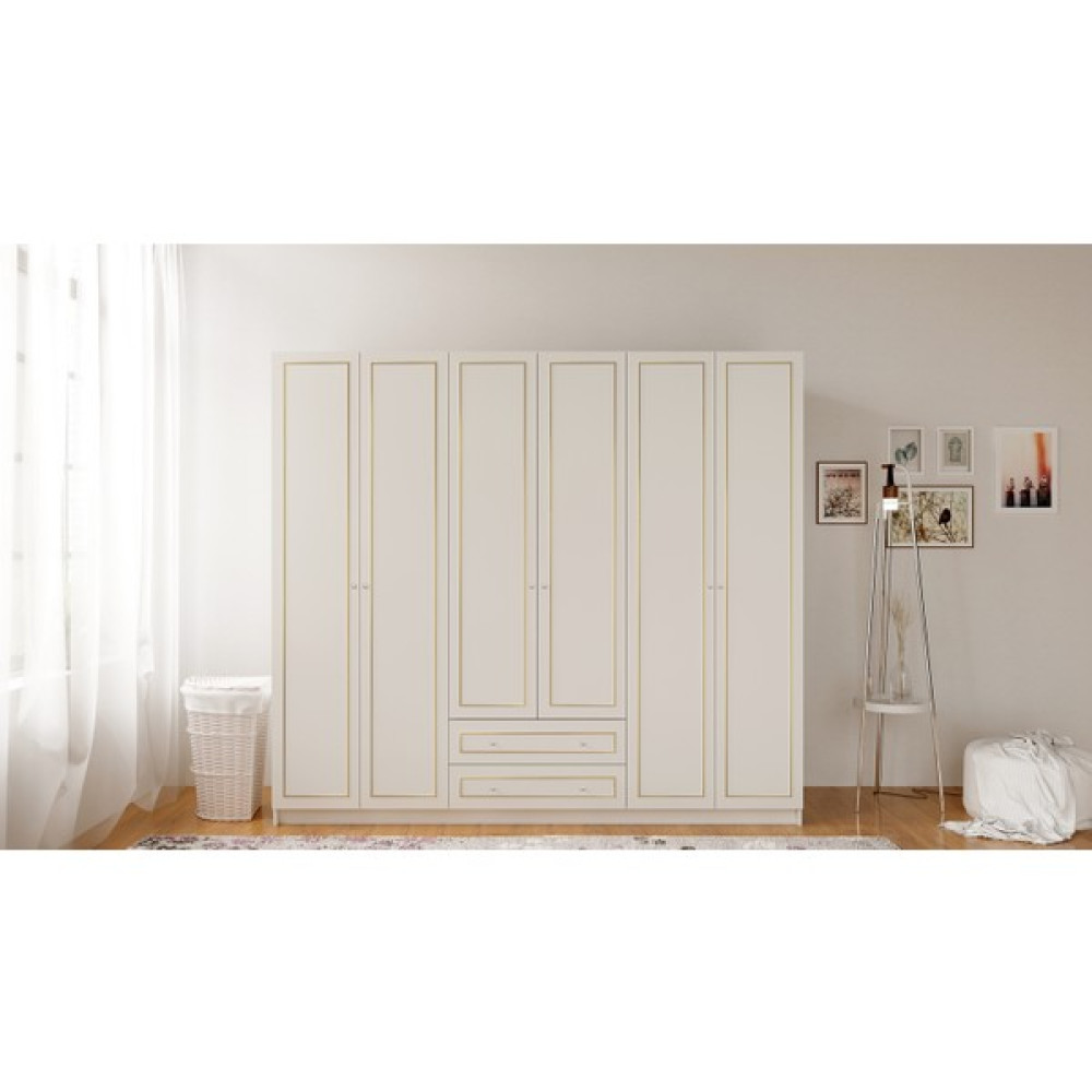 Rabi Mobilya Gold Country 6 Kapak 2 Çekmeceli Gardırop - 210 x 180 cm - Beyaz Gardrop & Dolap Fiyatı