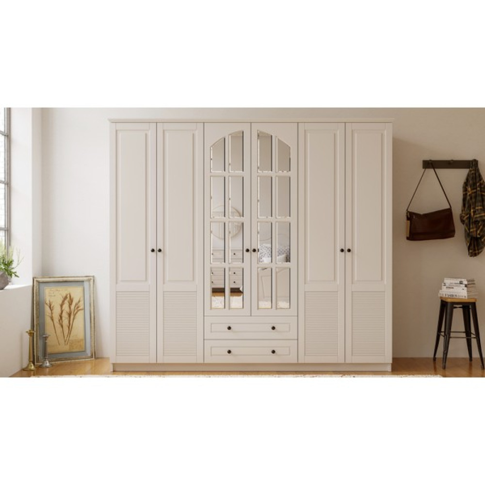 Rabi Mobilya Izel Country 6 Kapak 2 Çekmeceli Mega Gardırop - 210 x 210 cm - Beyaz Gardrop & Dolap Fiyatı