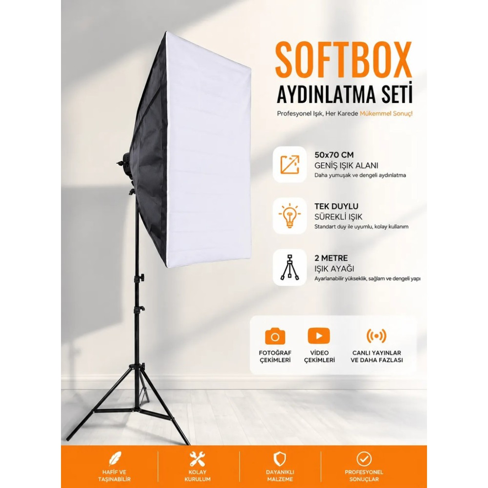 Rabsev 50x70cm Softbox Tek Duylu Tekli Ürün ve Video Çekim Işığı 200cm Ayak Video Kamera Aksesuarları Fiyatı