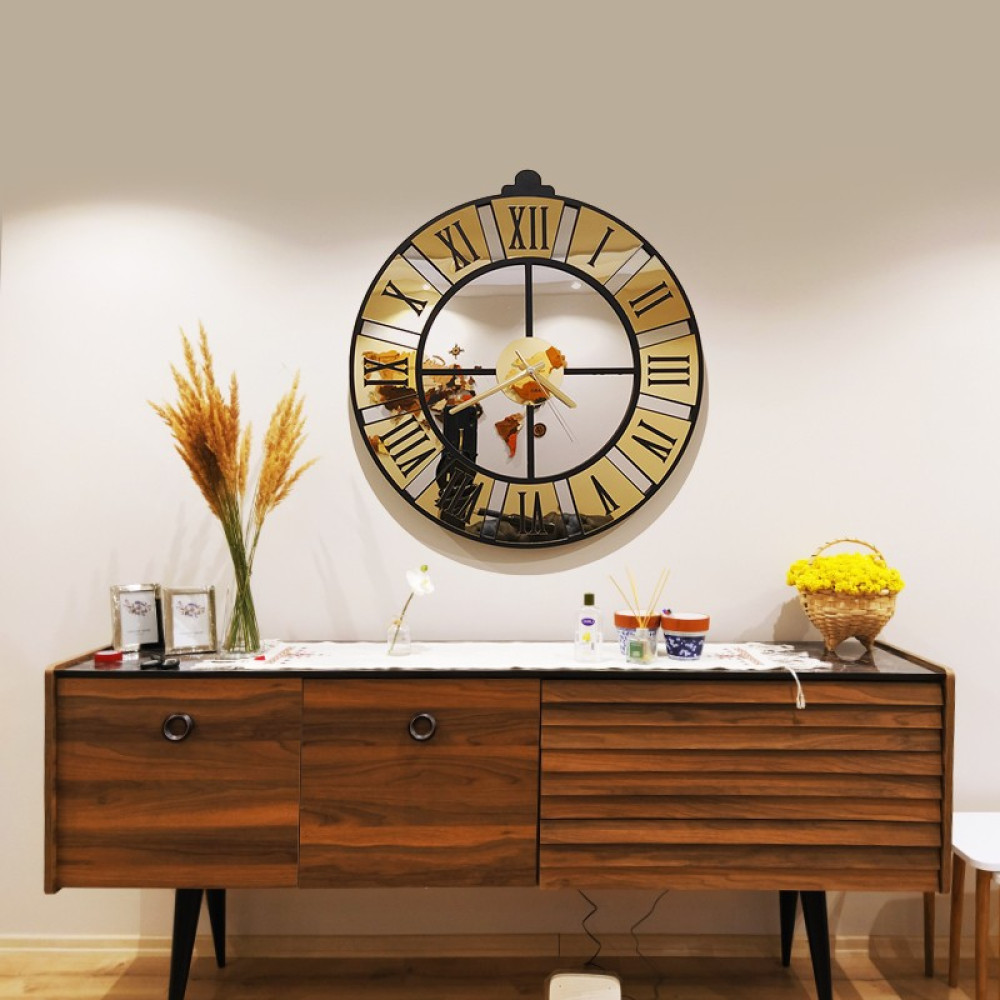 RacartShop Dekoratif Aynalı Duvar Saati-8 - 70 x 70 cm - Altın Duvar Saati Fiyatı