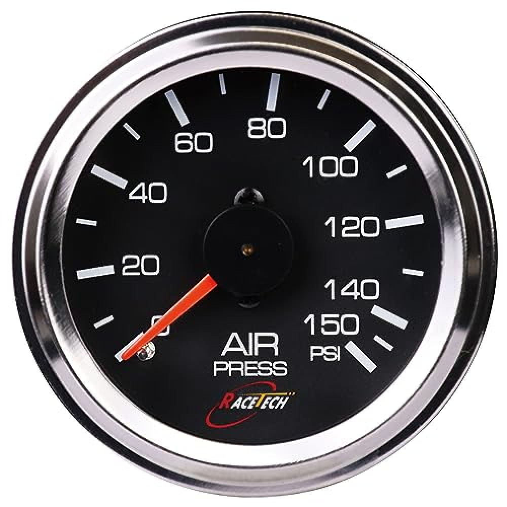 RACETECH 52mm 2-1/16" Mechanical Air Suspension Pressure Gauge 0150 PSI 1/8NPT Black Dial Chrome Rim for Air Ride Suspension Systems