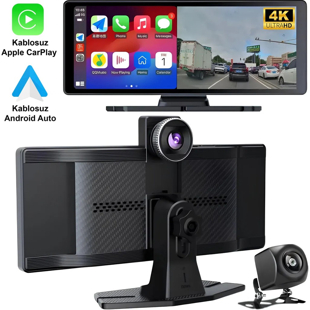 Radoon Yeni Tasarım Kablosuz Carplay Android Auto Uyumlu 4K 10.2 Inç Çift Kameralı Araç Multimedya Ekranı - Siyah Diğer Fiyatı