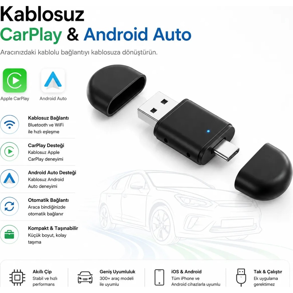 Radoon Yeni Tasarım Mini Kablosuz Ios Android Uyumlu Carplay USB ve Type-C 2in1 Araç Multimedya Adaptörü Bilgisayar Çevirici ve Adaptörü Fiyatı