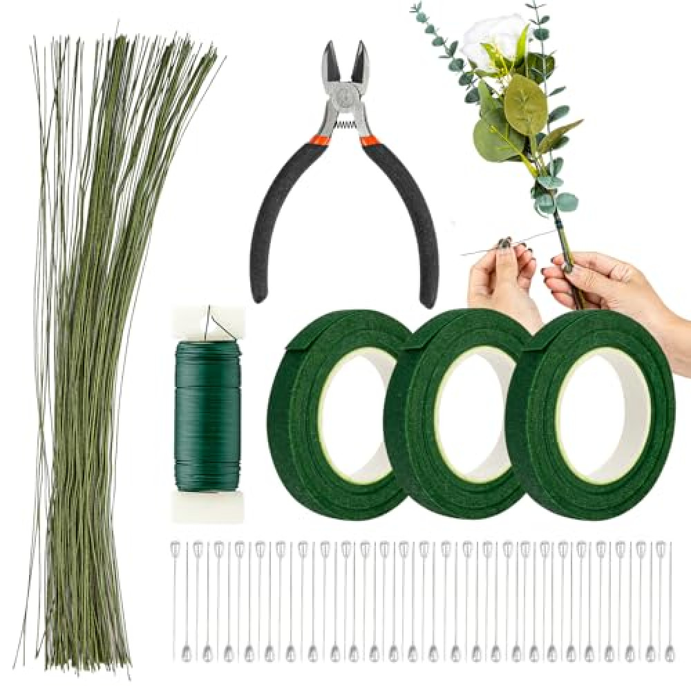 RAINFLOW Flower Arrangement Supplies for DIY Floral Tape and Floral Wire Kit with Boutonniere Pins and Floral Wire Cutter Include 22 Gauge Wire and 26 Gauge Wire for Flower Bouquet and Wreath Making