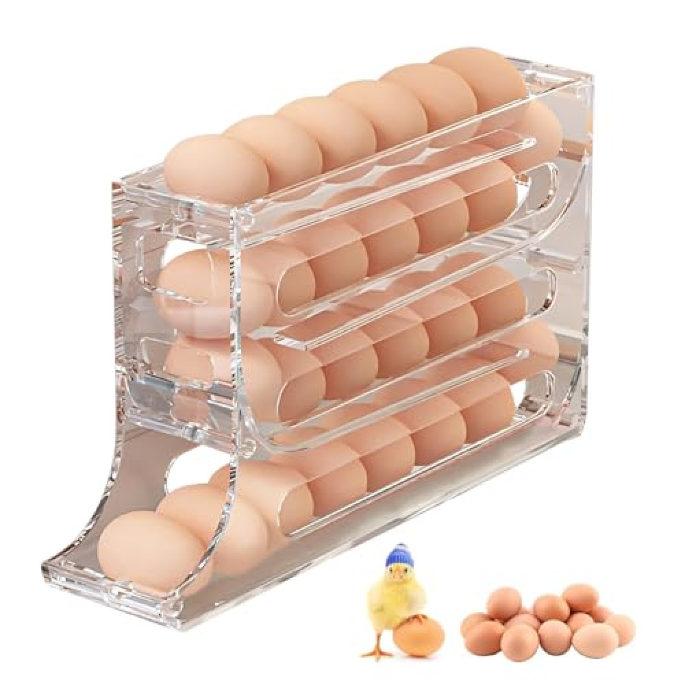 RAJOVE Clear 4-Tier Egg Dispenser for Fridge, Space-Saving Rolling Egg Organizer, Holds 30 Eggs, Gravity-Fed Design, BPA-Free Egg Holder for Refrigerator and Kitchen