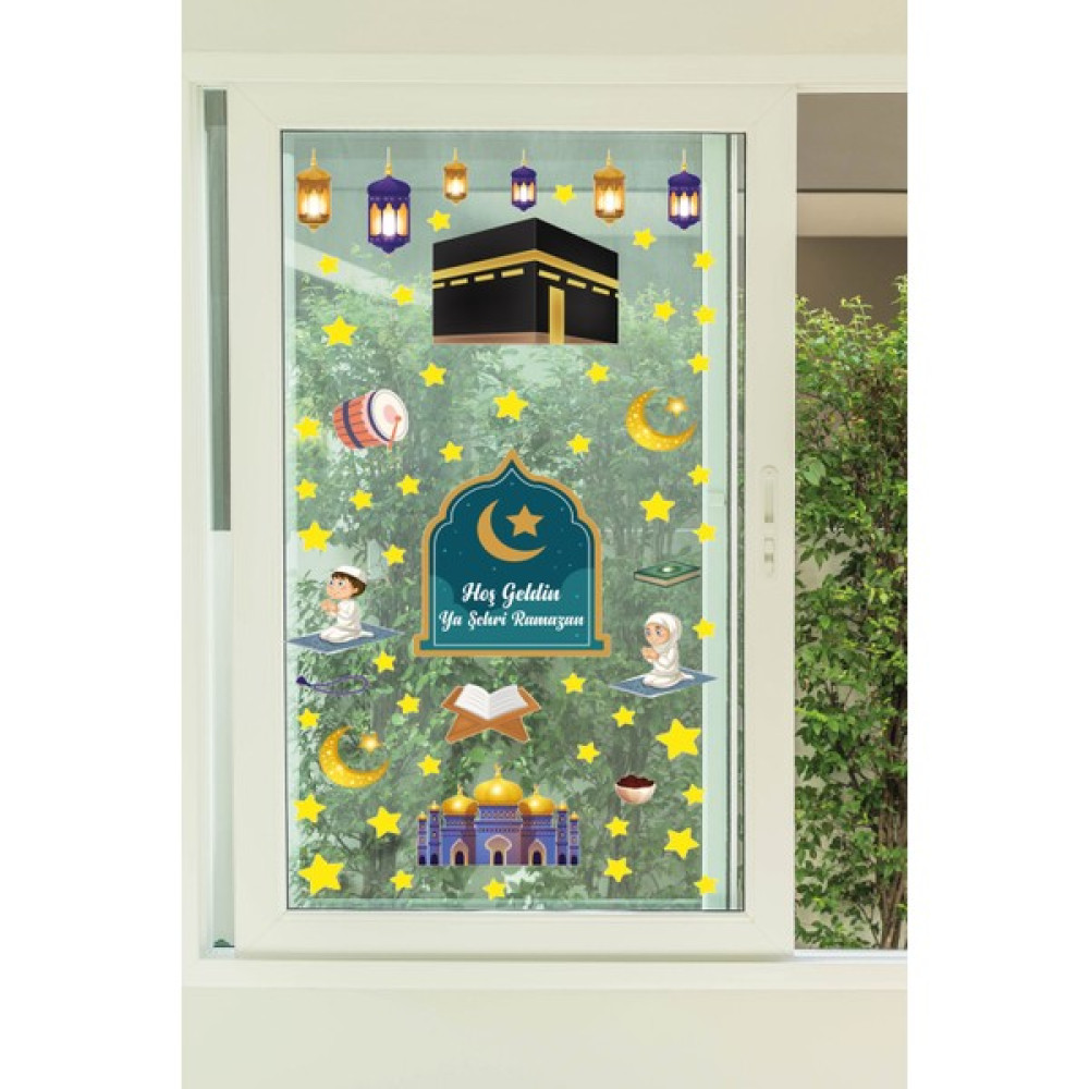 Ramazan Ayı Temalı Süsleme, Kabe ve Ramazan Figürleri Cam Duvar Sticker Seti 50 x 70 - 50 x 70 cm - Renkli Duvar Stickerı Fiyatı