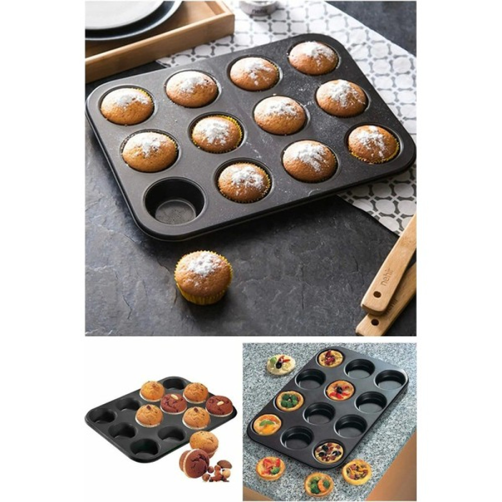 Ramdet 12 Bölmeli Yanmaz ve Yapışmaz Kek Kapsülü Yapışmaz Mini Tart Kek Kapsülü Muffin Ekler Kalıbı 35-27 cm - Siyah Kek Kalıpları Fiyatı