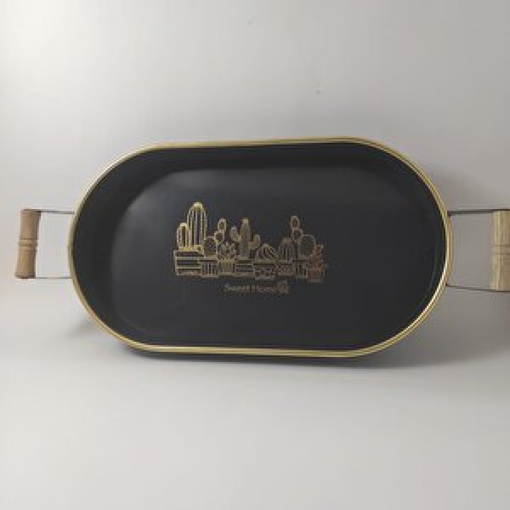 Ramdet Modern 40 - 20 Cm Ahşap Saplı Metal Oval Tepsi Kaktüslü Gri Renk Ahşap Kulplu Metal Sunum Tepsisi Tepsiler / Fırın Kapları Fiyatı