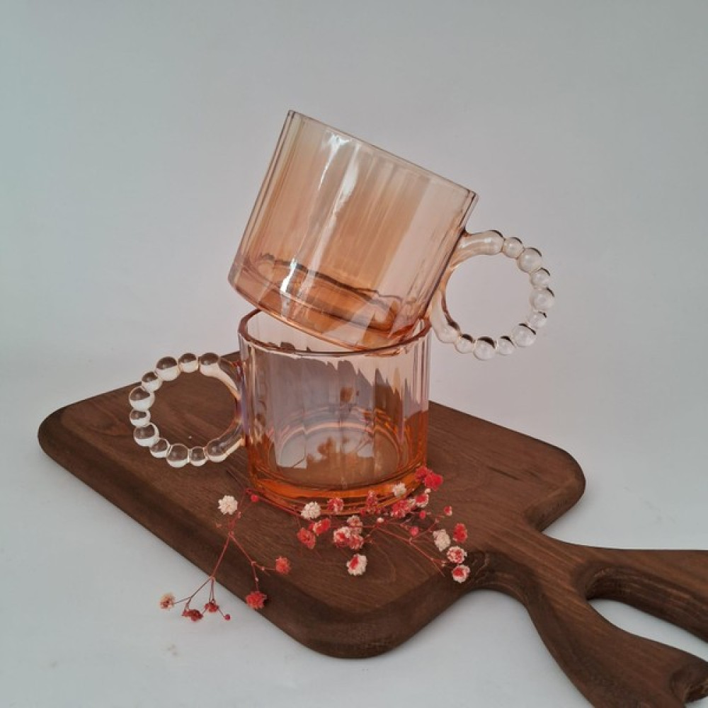 Ramdet Ringo Stone Amber 2'li Cam Kupa 2 Adet Boncuklu Cam Kupa Bal Köpüğü Rengi Kupa - 325 ml Fincan / Bardak / Kahve Takımı Fiyatı