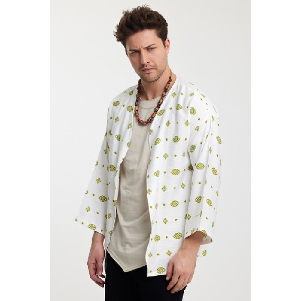Rammers %100 Keten Kimono Kendinden Desenli Oversize Beyaz Erkek Ceket Fiyatı