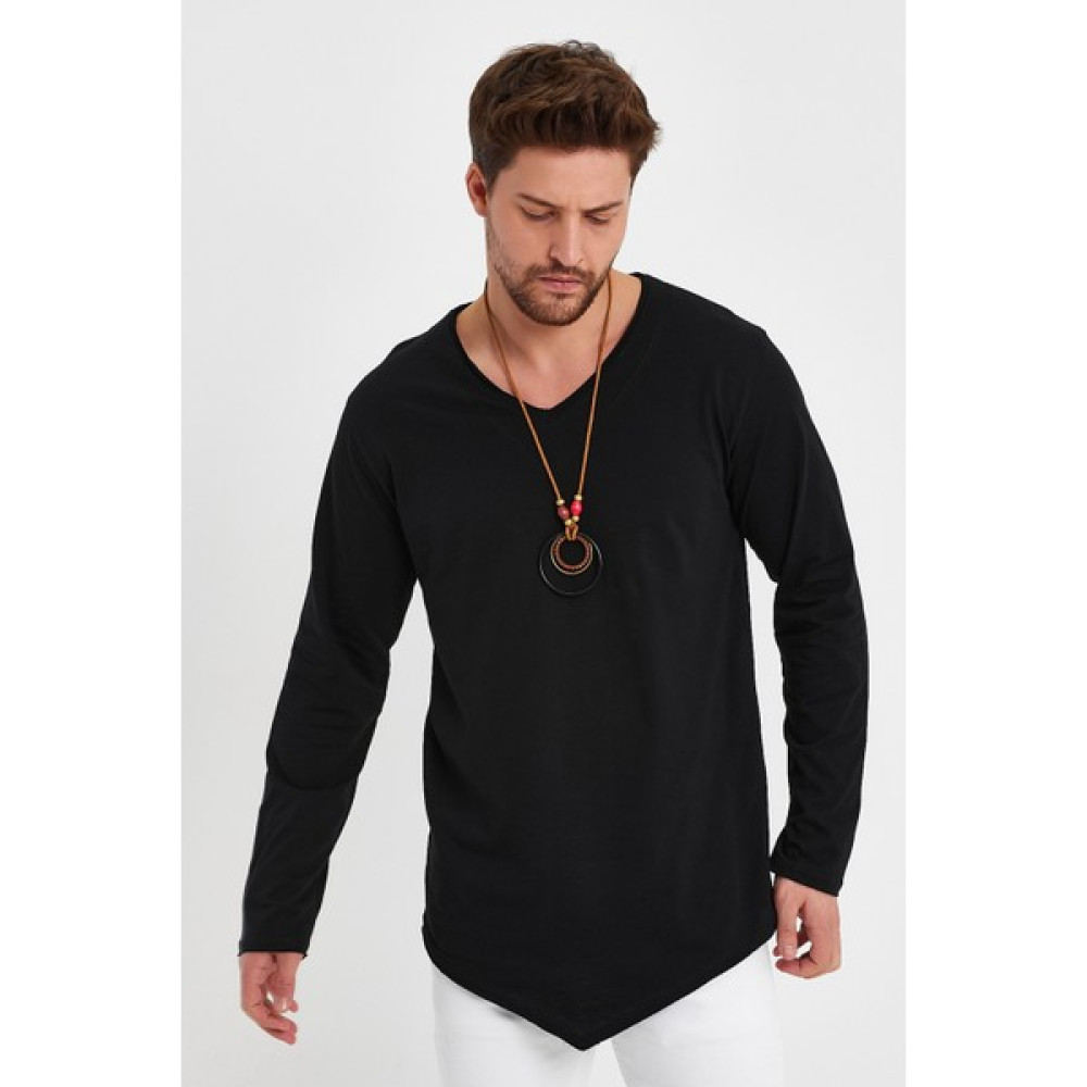 Rammers V Yaka Uzun Kollu Asimetrik ve Pis Kesim Detaylı Tişört & Rahat Kesim Erkek T-shirt Fiyatı