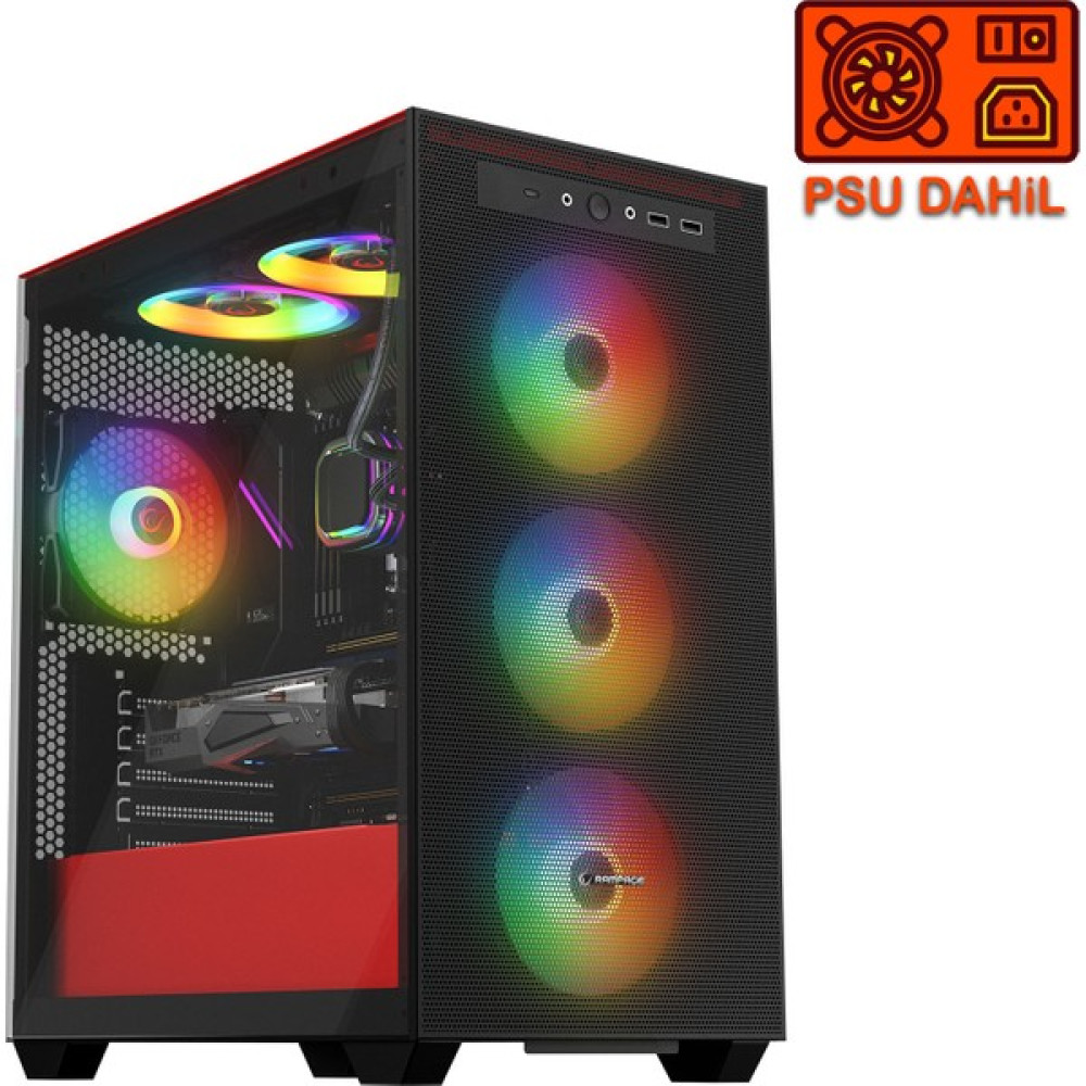 Rampage Blaze Mesh Temperli Camlı 4* 12CM Argb Fan M-Atx Peak 550W Psu Gaming Oyuncu Kasası - Kırmızı - Siyah - 550 W PC Kasaları Fiyatı