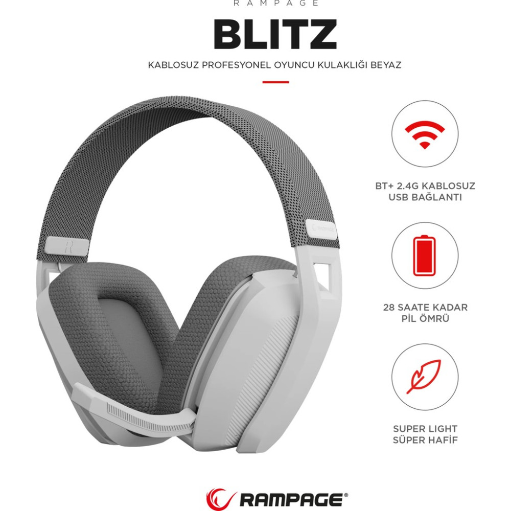 Rampage Blıtz Beyaz/gri Wireless 2.4g+ Bluetooth Mikrofonlu Oyuncu Kulaklığı - Beyaz - Gri Kulak Üstü Kulaklık Fiyatı