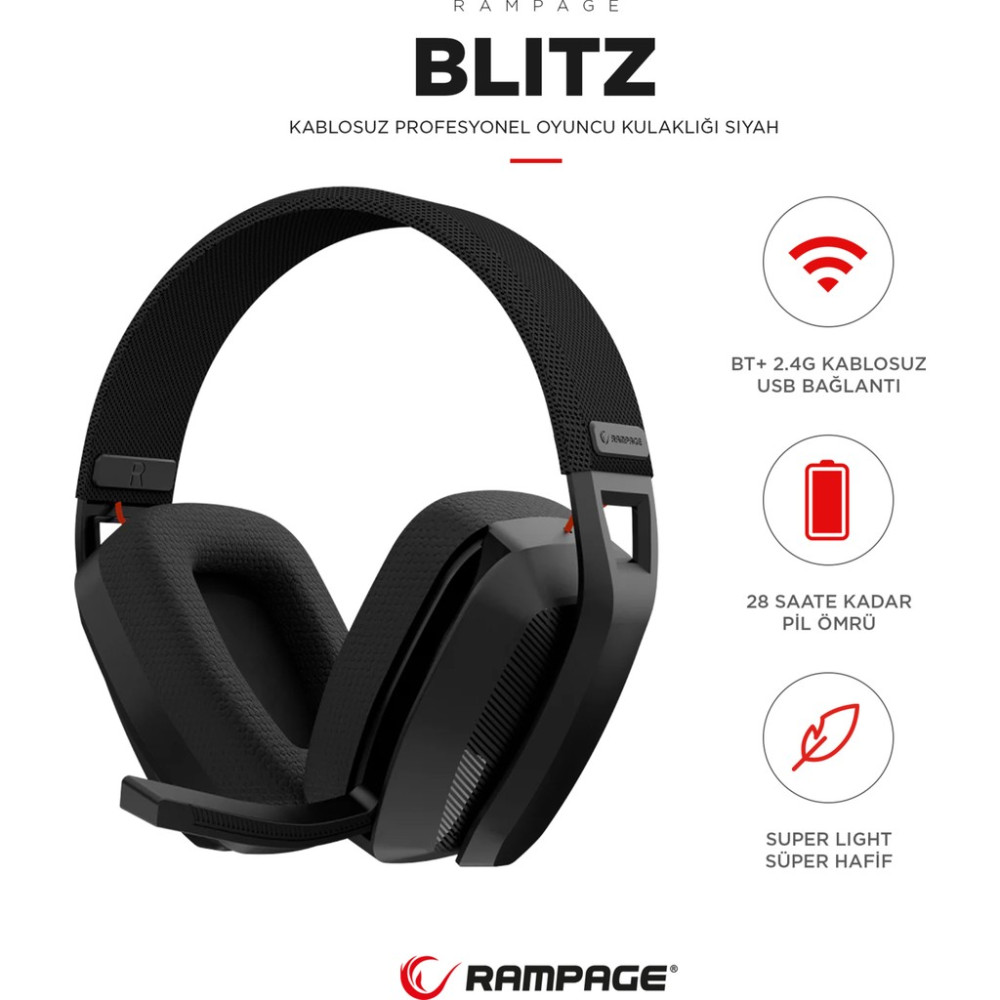 Rampage Blıtz Siyah Wireless 2.4g+ Bluetooth Mikrofonlu Oyuncu Kulaklığı Kulak Üstü Kulaklık Fiyatı
