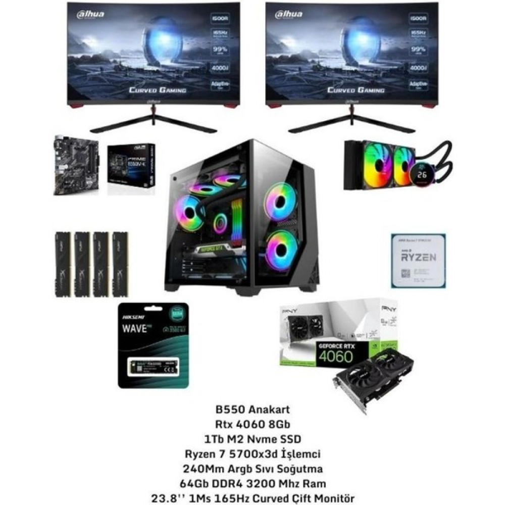 Ramtech RMT1502 Ryzen 7 5700X3D Rtx 4060 1tb M2 64GB Ram 24'' 165Hz Curved Çift Monitör - Var - Siyah Oto Boyaları Fiyatı