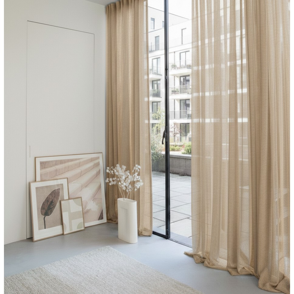 Ran Perde Kalın Dokulu Pırıltılı Tül Perde - Koyu Bej - Pileli Dikim 1x2,5 Pile - RP505 - 220 x 260 cm Tül Perde Fiyatı