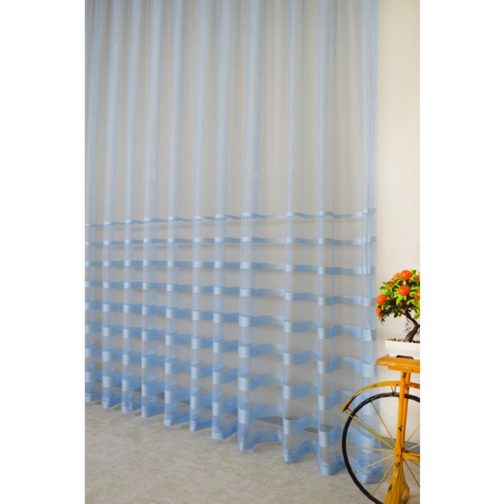 Ran Perde Şerit Desenli File Tül Perde - Açık Mavi- Pileli Dikim - 1e2,5 Pile - ACK412 - Mavi - 200 x 260 cm Tül Perde Fiyatı