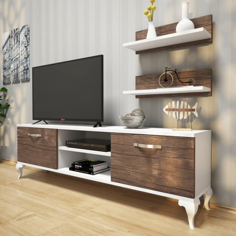 Rani A4 Duvar Raflı Tv Sehpası Kitaplıklı Tv Ünitesi Modern Ayaklı Tasarım 150 cm Beyaz - Hitit Ceviz - Beyaz - Antik Dark Tv Ünitesi / Sehpası Fiyatı