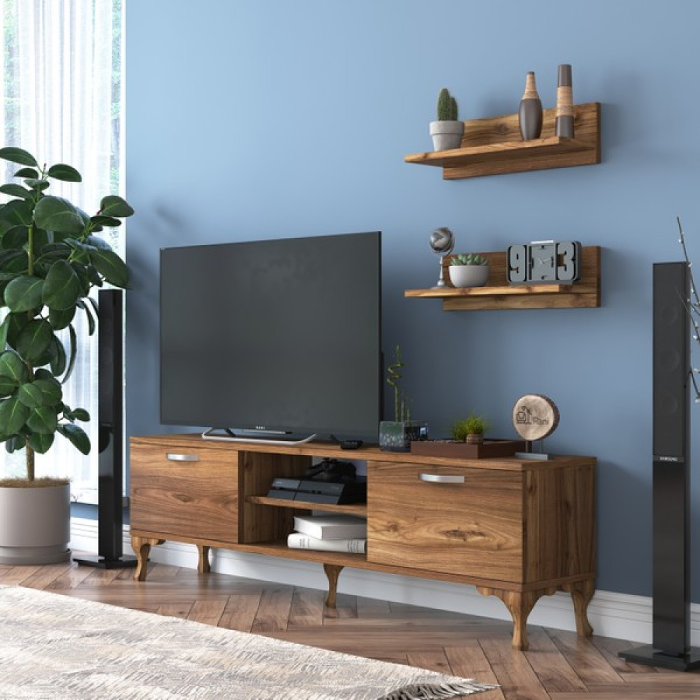 Rani A4 Duvar Raflı Tv Sehpası Kitaplıklı Tv Ünitesi Modern Ayaklı Tasarım 150 cm Minyatür Ceviz Tv Ünitesi / Sehpası Fiyatı