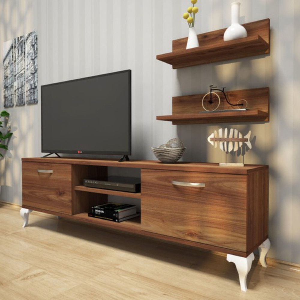 Rani A4 Duvar Raflı Tv Sehpası Kitaplıklı Tv Ünitesi Modern Ayaklı Tasarım 150 cm Minyatür Ceviz - Beyaz Ayak Tv Ünitesi / Sehpası Fiyatı