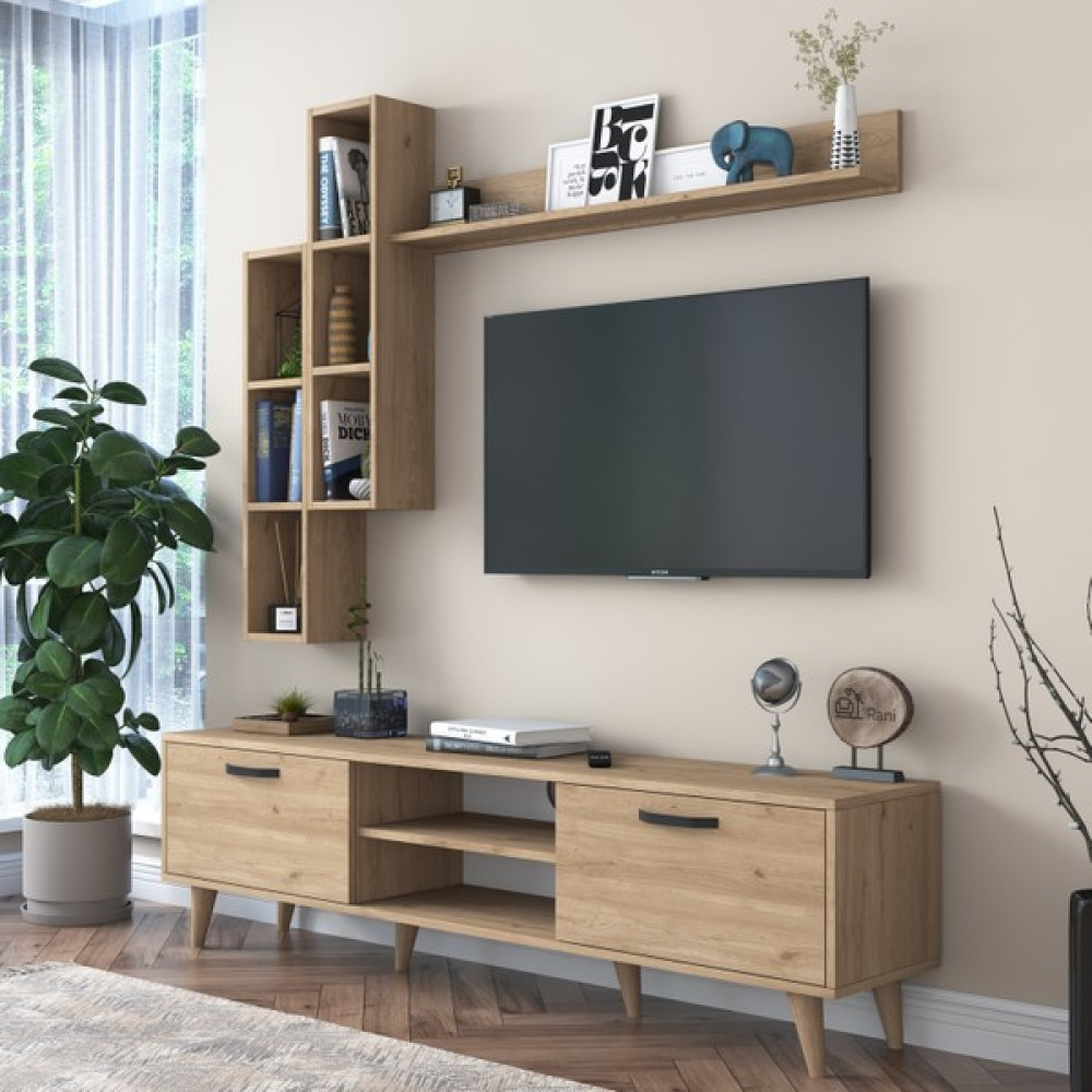 Rani A5 Duvar Raflı Tv Ünitesi Kitaplıklı Tv Sehpası Duvara Monte Raflı Modern Ayaklı 180 cm Sepet Ceviz M16 Tv Ünitesi / Sehpası Fiyatı