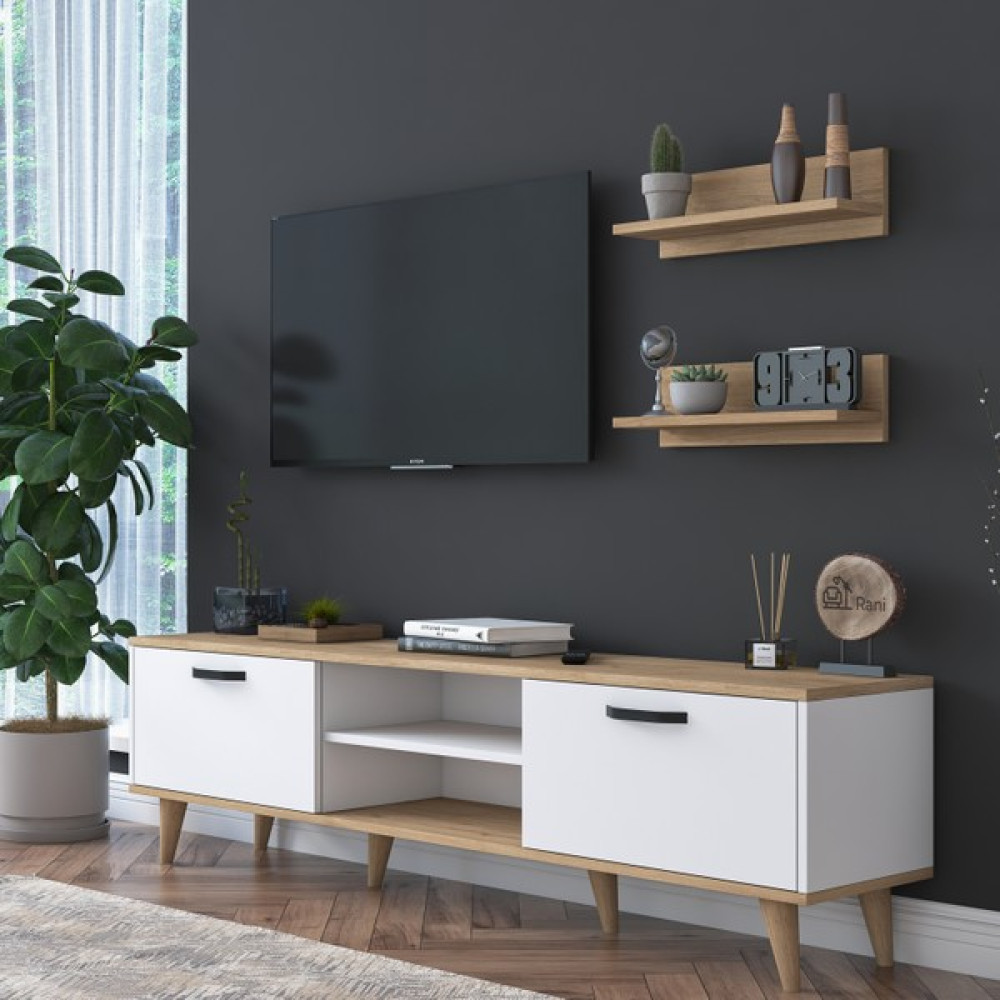 Rani A5 Duvar Raflı Tv Ünitesi Kitaplıklı Tv Sehpası Modern Ayaklı 180 cm Sepet Ceviz - Beyaz M48 Tv Ünitesi / Sehpası Fiyatı