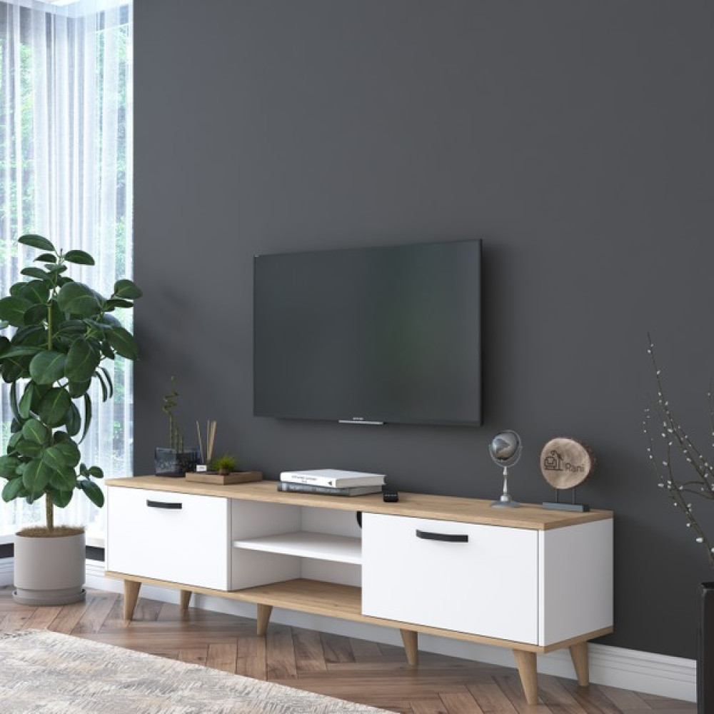 Rani A5 Tv Ünitesi Modern Ayaklı Tv Sehpası 180 cm Sepet Ceviz - Beyaz Tv Ünitesi / Sehpası Fiyatı