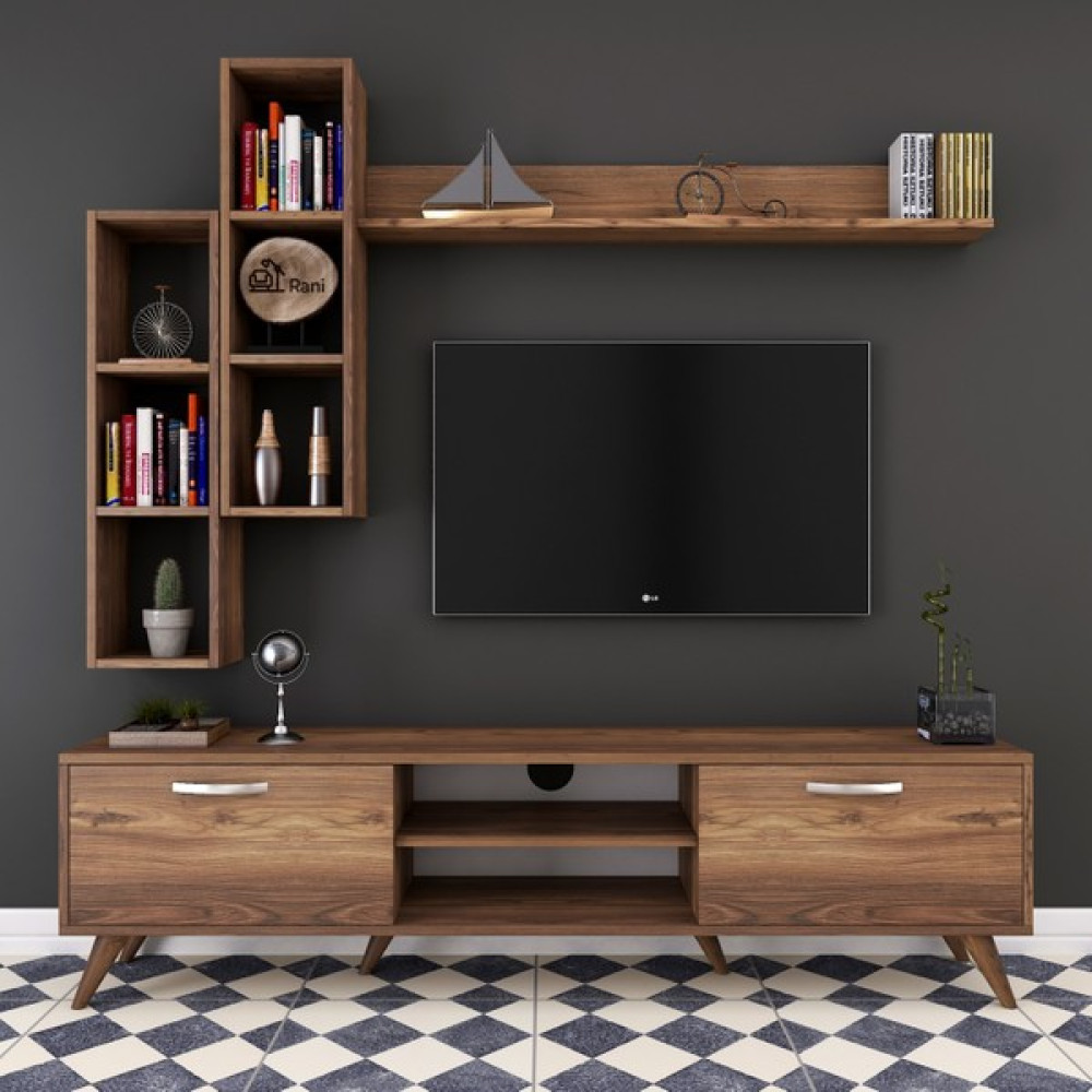 Rani A9 Duvar Raflı Tv Ünitesi Kitaplıklı Tv Sehpası Duvara Monte Raflı Modern Ayaklı 180 cm Minyatür Ceviz M16 Tv Ünitesi / Sehpası Fiyatı