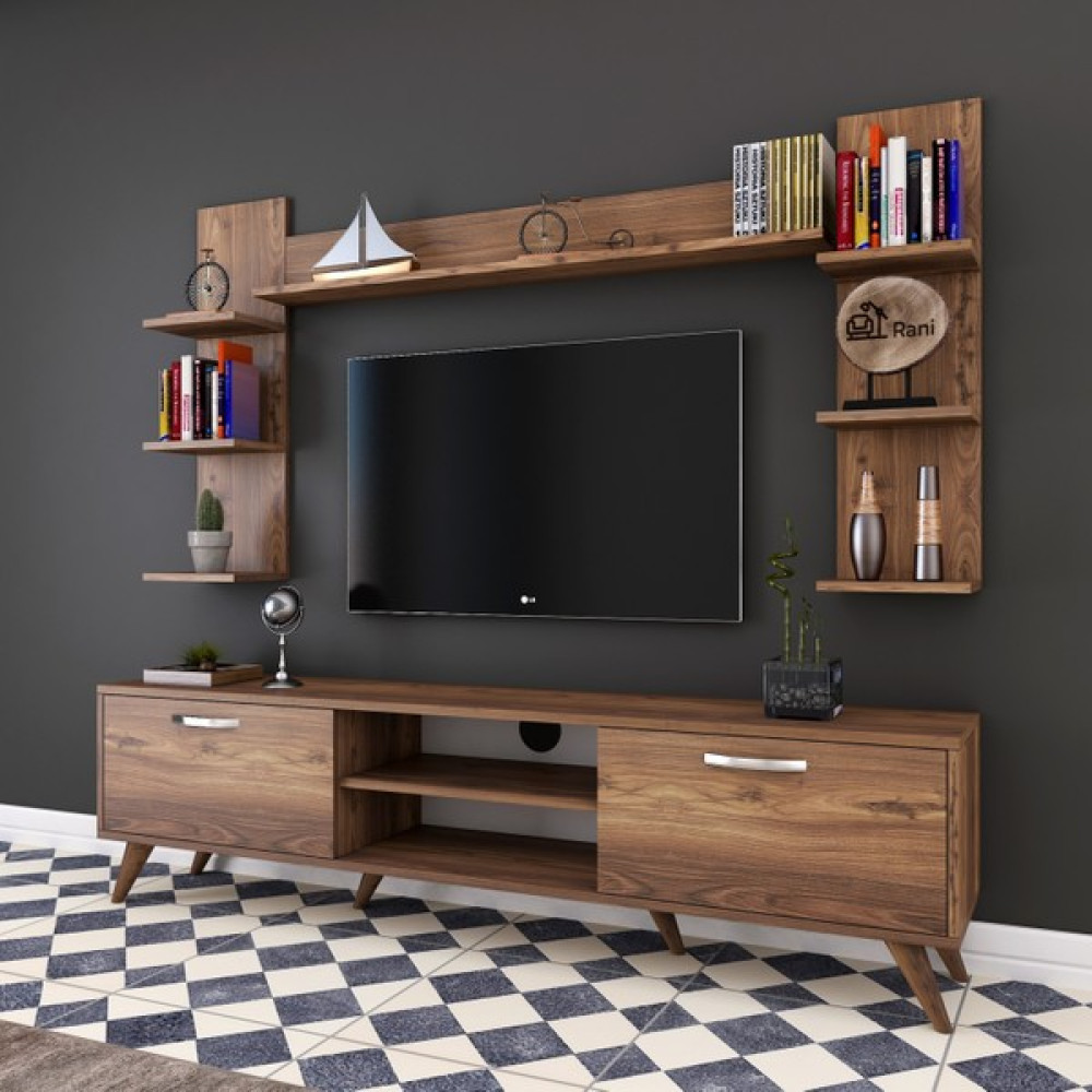 Rani A9 Duvar Raflı Tv Ünitesi Kitaplıklı Tv Sehpası Duvara Monte Raflı Modern Ayaklı 180 cm Minyatür Ceviz M23 Tv Ünitesi / Sehpası Fiyatı
