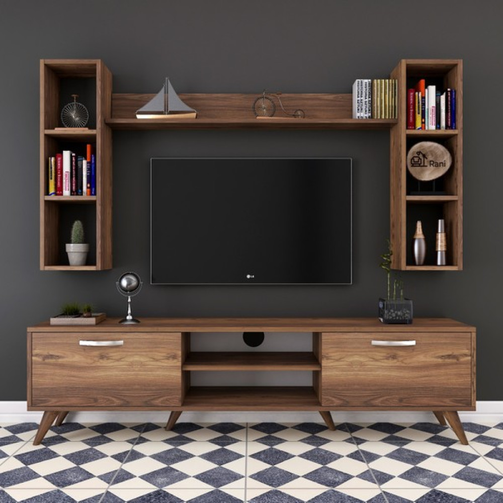 Rani A9 Duvar Raflı Tv Ünitesi Kitaplıklı Tv Sehpası Duvara Monte Raflı Modern Ayaklı 180 cm Minyatür Ceviz M5 Tv Ünitesi / Sehpası Fiyatı