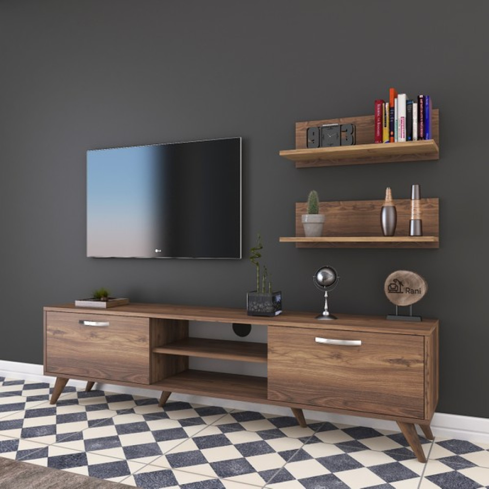 Rani A9 Duvar Raflı Tv Ünitesi Kitaplıklı Tv Sehpası Modern Ayaklı 180 cm Minyatür Ceviz M48 Tv Ünitesi / Sehpası Fiyatı