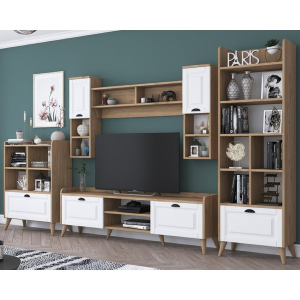 Rani AA101 Duvar Raflı Tv Ünitesi Kitaplıklı Tv Sehpası Duvara Monte Raflı Membran Kapaklı Sepet Ceviz - Beyaz Tv Ünitesi / Sehpası Fiyatı