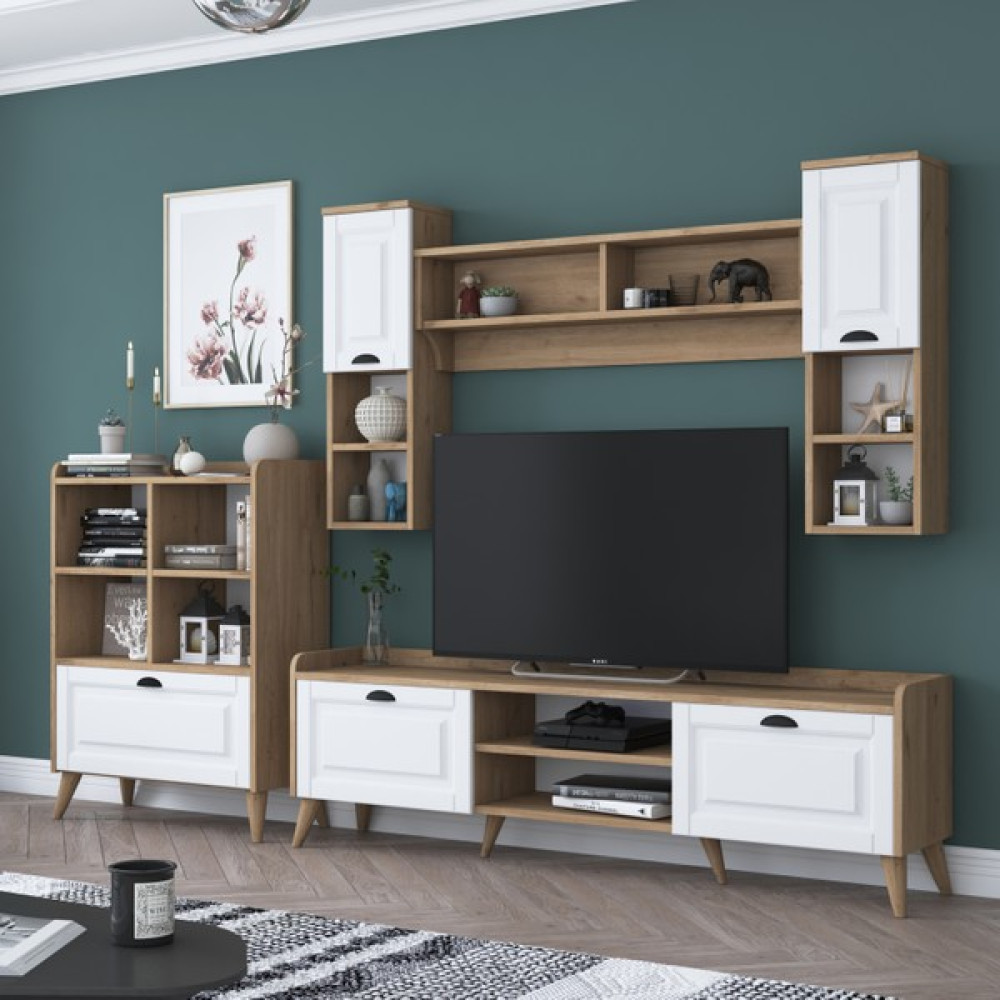 Rani AA101 Duvar Raflı Tv Ünitesi Kitaplıklı Tv Sehpası Duvara Monte Raflı Membran Kapaklı Sepet Ceviz - Beyaz M4 Tv Ünitesi / Sehpası Fiyatı