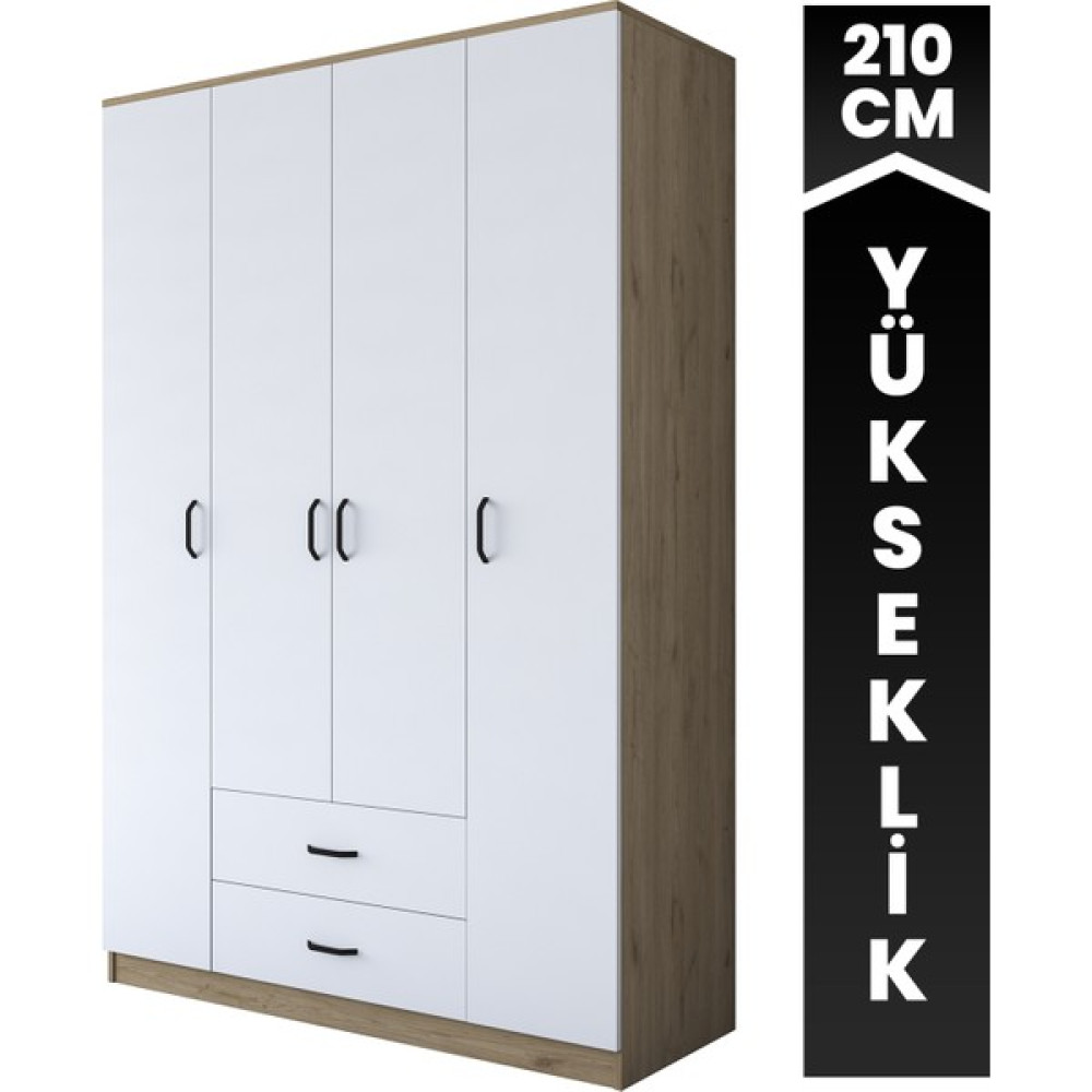Rani BA112 Geniş Gardırop Elbise Dolabı 4 Kapaklı 2 Çekmeceli 13 Raflı 1 Askılı Sepet Ceviz - Beyaz Gardrop & Dolap Fiyatı