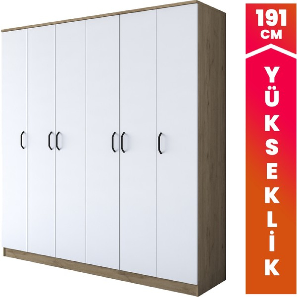 Rani BA114 Geniş Gardırop Elbise Dolabı 6 Kapaklı 16 Raflı 2 Askılı Sepet Ceviz - Beyaz Gardrop & Dolap Fiyatı