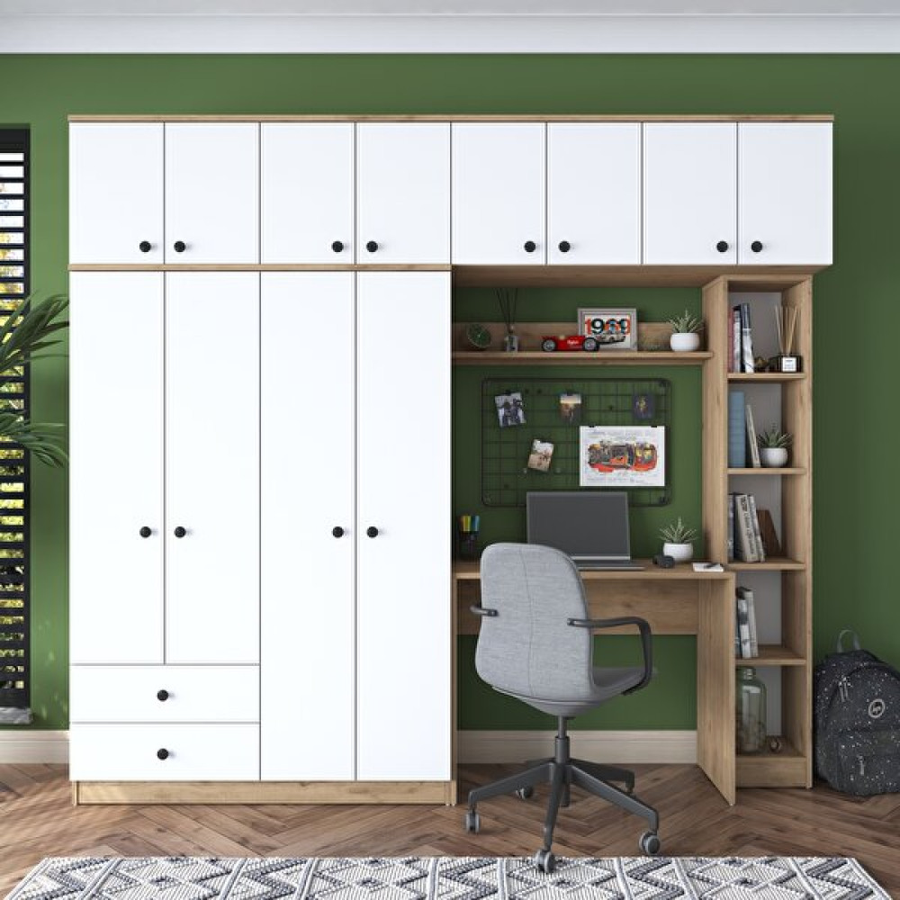 Rani BA122 Geniş Gardırop Açık Raflı Elbise Dolabı + Çalışma Masası + Kitaplık Sepet Ceviz - Beyaz 216 x 240 cm Gardrop & Dolap Fiyatı