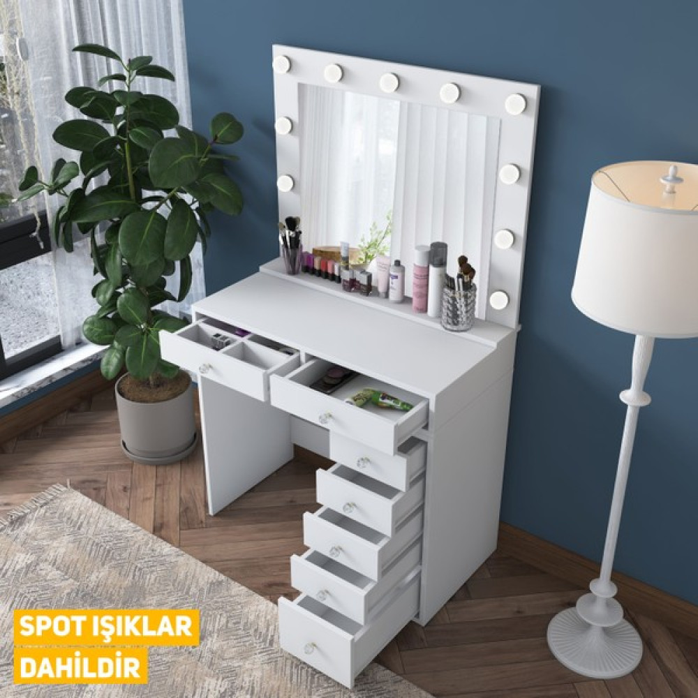Rani BJ115 Hollywood Işıklı Aynalı Kulis Makyaj Masası 7 Çekmeceli Takı Düzenleyici Beyaz Dresuar / Makyaj Masası Fiyatı