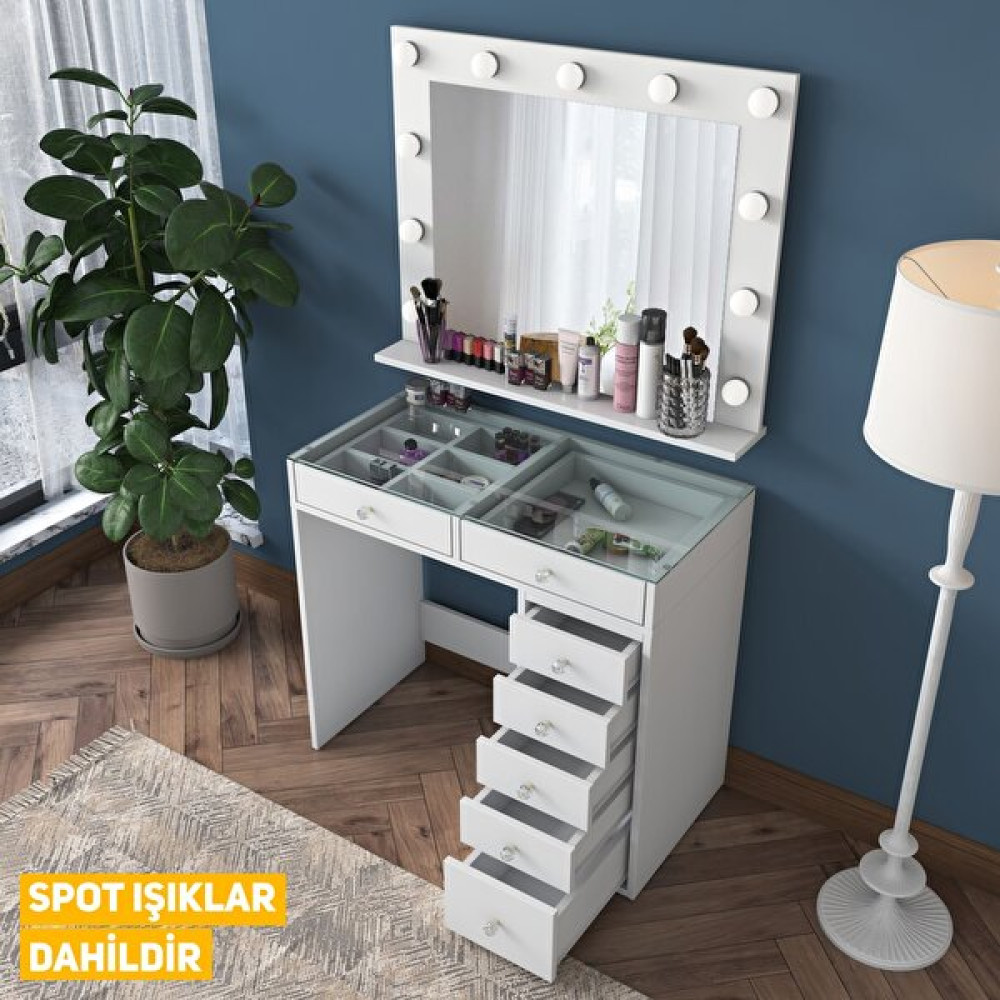 Rani BJ117 Hollywood Işıklı Aynalı Kulis Makyaj Masası Cam Tablalı Takı Düzenleyici Beyaz Dresuar / Makyaj Masası Fiyatı