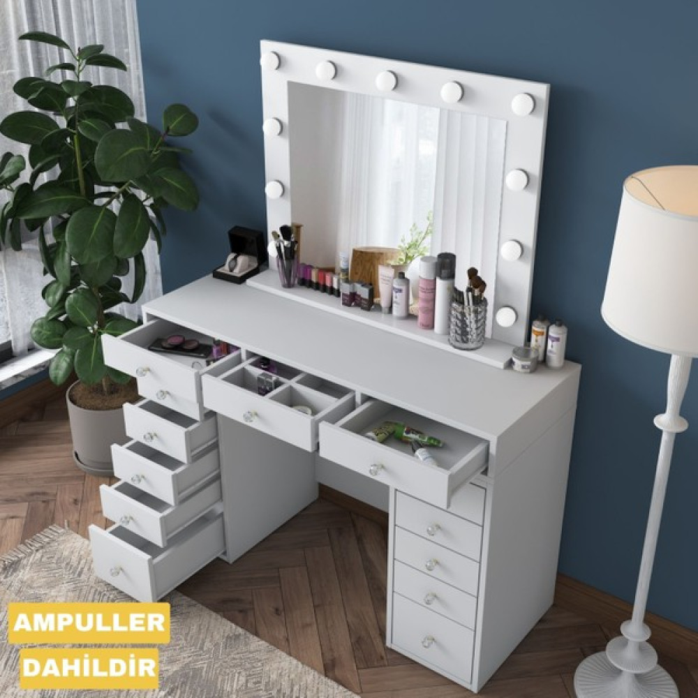 Rani BJ119 Hollywood Işıklı Aynalı Kulis Makyaj Masası Takı Düzenleyici Beyaz Dresuar / Makyaj Masası Fiyatı