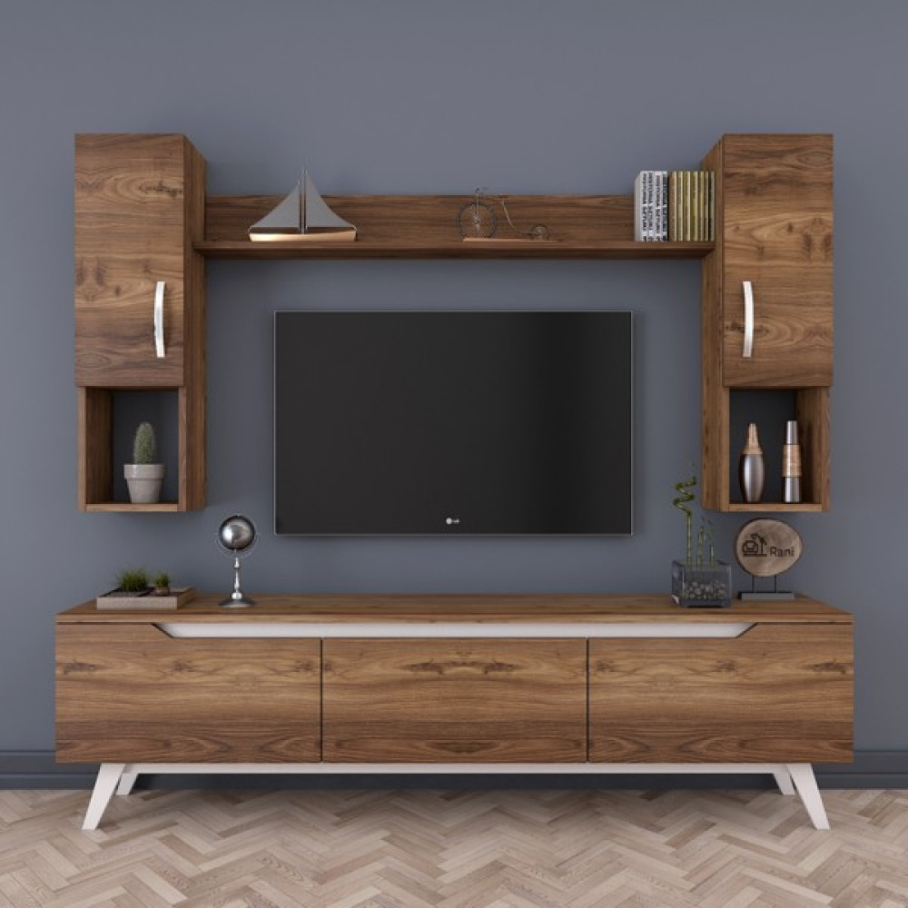 Rani D1 Duvar Raflı Tv Ünitesi Kitaplıklı Tv Sehpası Duvara Monte Raflı Modern Ayaklı 180 cm Minyatür Ceviz - Beyaz M27 - Minyatür - Beyaz Tv Ünitesi / Sehpası Fiyatı