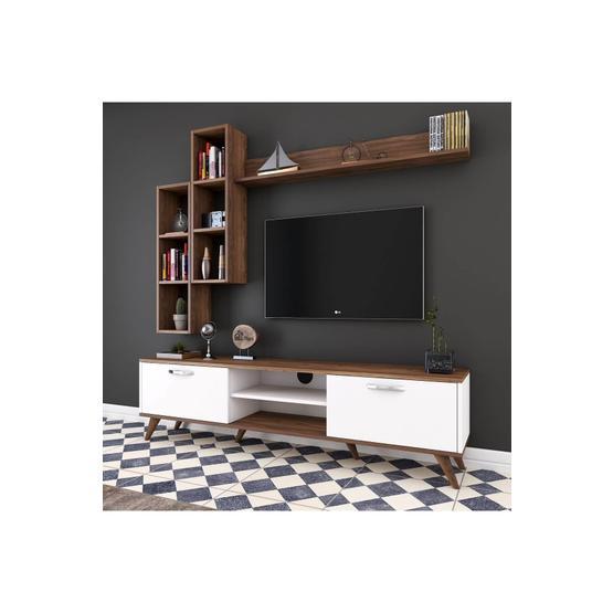 Rani M16 Ceviz Duvar Raflı Kitaplıklı Tv Ünitesi Tv Sehpası