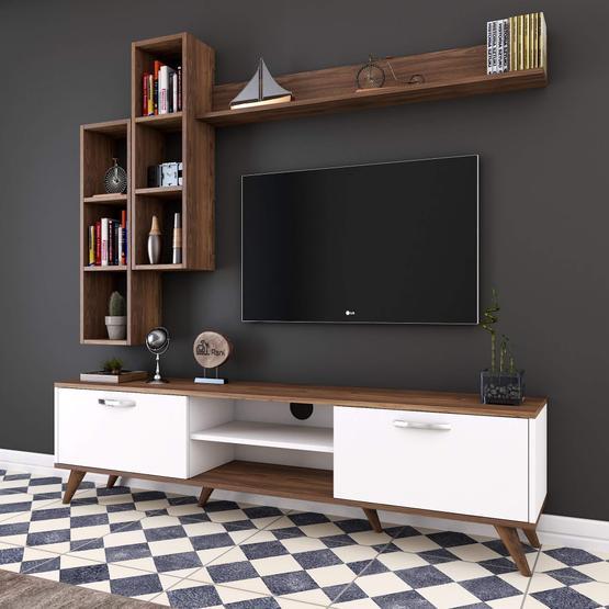 Rani M16 Ceviz Duvar Raflı Kitaplıklı Tv Ünitesi Tv Sehpası