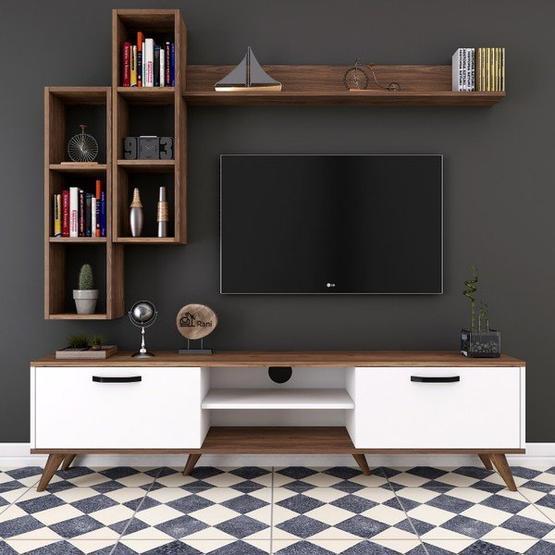 Rani M16 Ceviz Duvar Raflı Kitaplıklı Tv Ünitesi Tv Sehpası