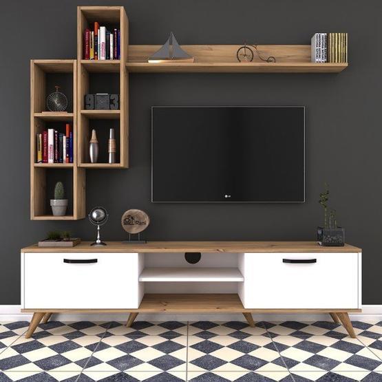 Rani M16 Ceviz Duvar Raflı Kitaplıklı Tv Ünitesi Tv Sehpası