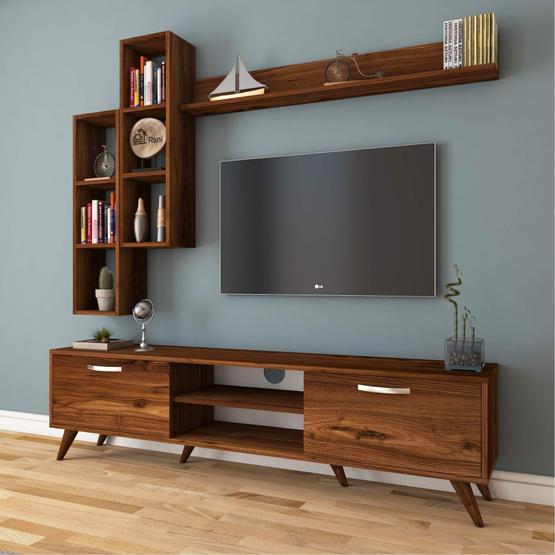 Rani M16 Ceviz Duvar Raflı Kitaplıklı Tv Ünitesi Tv Sehpası